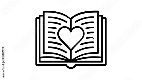 Open book with heart icon vector illustration. Minimalist black line art design representing love for reading, education, romance literature, and knowledge. Scalable flat graphic for design.