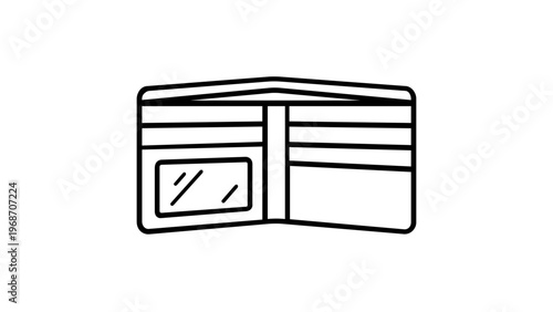 Open wallet vector icon illustration with card slots and ID window, minimalist black line art design for finance, banking, payment, and personal accessory concepts on white background.