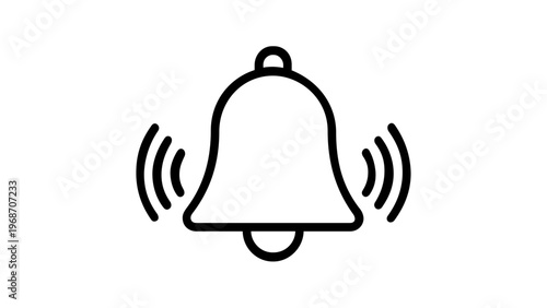 Minimalist ringing bell vector icon illustration. Black line art notification symbol with sound waves on white background. Scalable flat design for digital alerts, UI, and web applications.