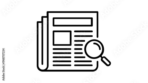 Newspaper line icon vector illustration featuring a magnifying glass for news search, investigative journalism, media analysis, and information discovery in a minimalist flat scalable style.