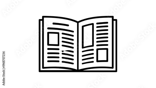 Minimalist Newspaper Line Icon Vector Illustration, Scalable Flat Outline Graphic of an Open Magazine or Journal with Text and Image Placeholders for News, Media, Publishing, and Education.