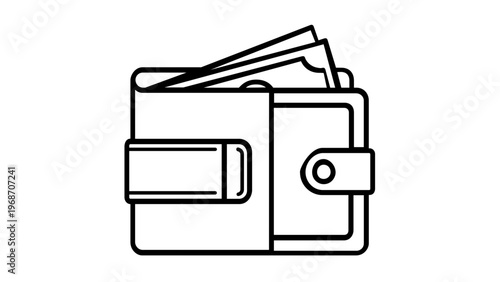 Minimalist black and white line art vector icon illustration of a wallet with paper money banknotes sticking out, representing finance, savings, payment, and personal wealth management.