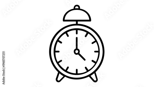 Minimalist black and white line art vector icon illustration of a classic alarm clock with a bell on top, ideal for time management, scheduling, morning routines, wake up calls, and deadlines.