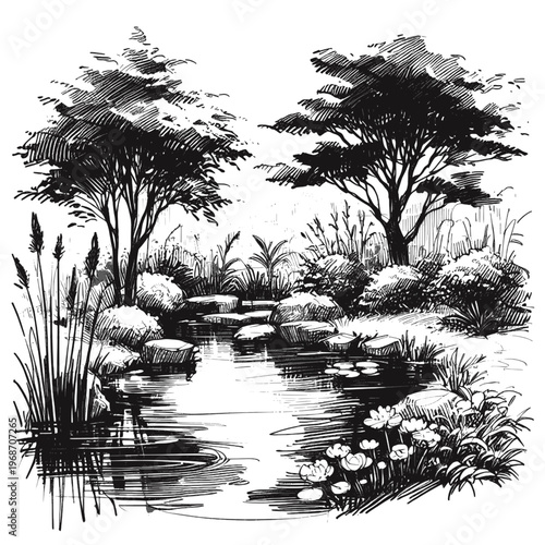 Line art sketch drawing of a serene pond surrounded by lush vegetation. Two large trees with broad canopies stand on either side, while grasses and reeds line the water’s edge vector svg