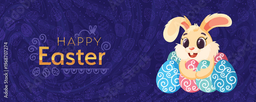 A vibrant horizontal Easter banner featuring a cheerful cartoon bunny with swirl-patterned eggs on a decorative purple background. Perfect for holiday marketing, website headers, and ads