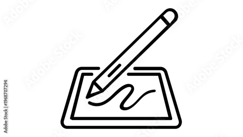 Minimalist Digital Pen and Graphic Tablet Line Icon Illustration; Scalable Vector Art Showing a Stylus Drawing on a Screen for Technology, Design, Creative Work, and Electronic Signatures.