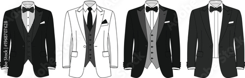 Mens formal suits set with tuxedo and business attire featuring waistcoats bow ties and pocket squares.