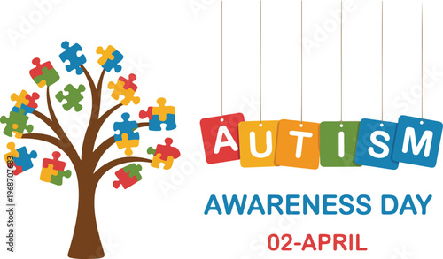 World Autism Awareness Day Vector Illustration Featuring a Tree with Colorful Puzzle Piece Leaves and Hanging Letters Celebrating Neurodiversity on April Second