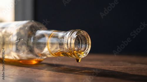 Macro clear bottle on side with final amber droplet, warm side‑light, last serving metaphor
