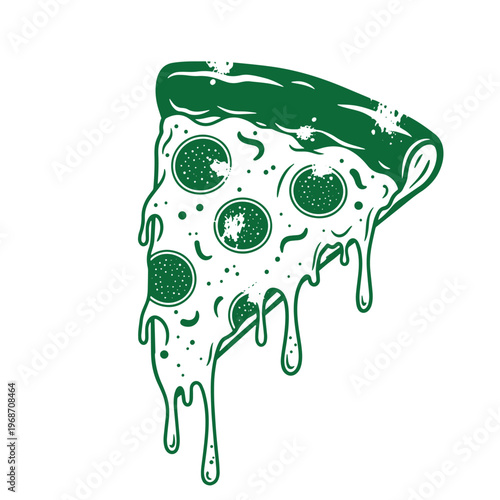 Green pepperoni pizza slice with melted cheese drips on white background 1