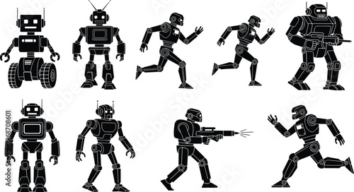 A comprehensive collection of robot silhouettes featuring humanoid cyborgs combat droids running androids and mechanical soldiers with weapons for science fiction and future technology designs.