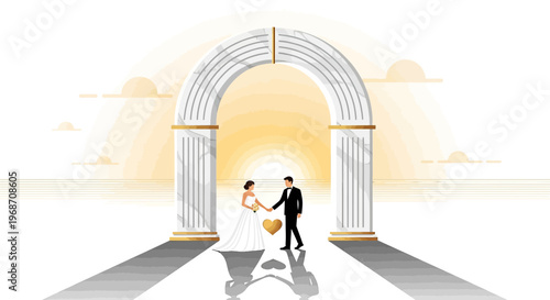 Bride and Groom Holding Golden Heart Under Elegant Archway, Wedding Ceremony Concept