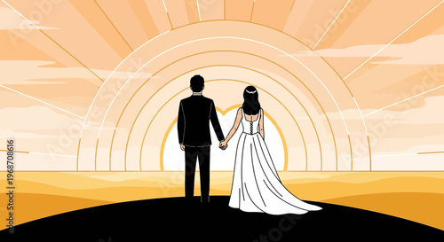 Bride and Groom Holding Hands at Sunrise, Symbolizing New Beginnings and Love