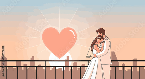 Bride and Groom Embracing with Heart Symbol at Sunrise Over Cityscape