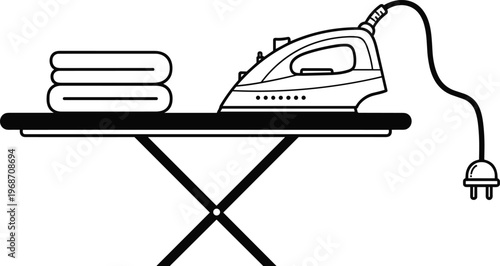 Iron and ironing board with stack of folded clothes outline illustration for domestic laundry chores.
