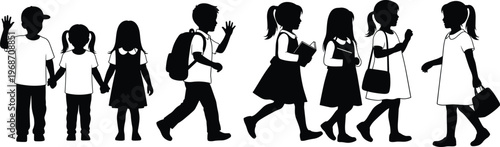 A comprehensive collection of school children silhouettes featuring primary students walking with backpacks holding hands and carrying books for education and back to school designs.