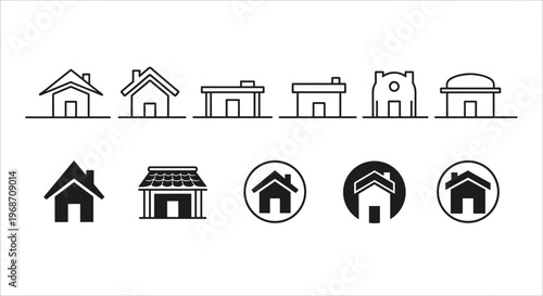 House and building icons set with various architectural styles in line art and solid black silhouettes.