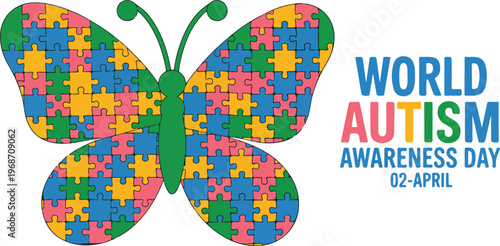 World Autism Awareness Day Vector Illustration Featuring a Colorful Butterfly with Puzzle Piece Wings Celebrating Neurodiversity and Inclusion on April Second