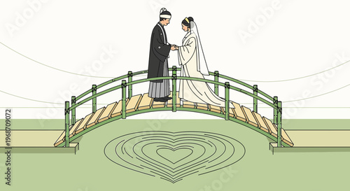 Asian Wedding Couple on Bridge, Heart Symbol Below, Celebrating Love and Unity
