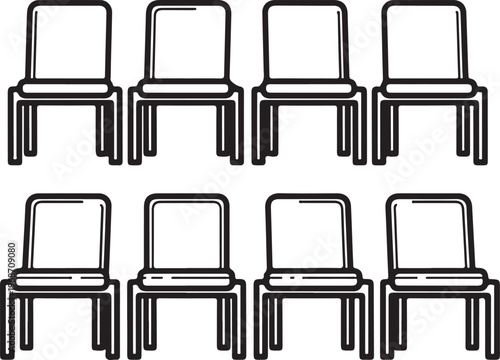 A minimalist arrangement of eight identical wooden chairs in two rows Vector