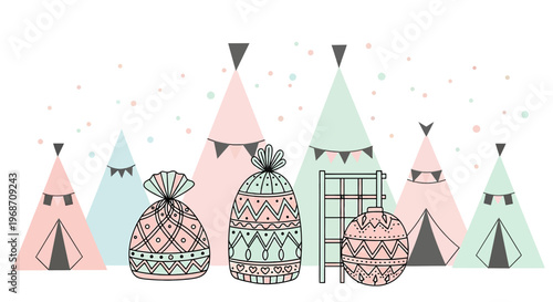 Boho Teepee Camp with Festive Decorations and Gifts