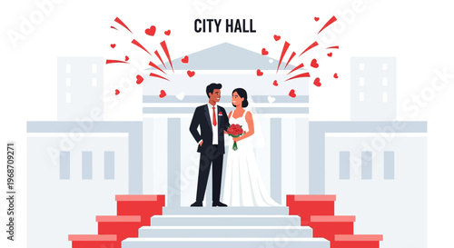 Bride and Groom at City Hall, Wedding Ceremony with Hearts