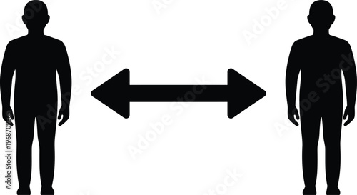Social distancing concept with two people silhouettes and arrow showing space between them.