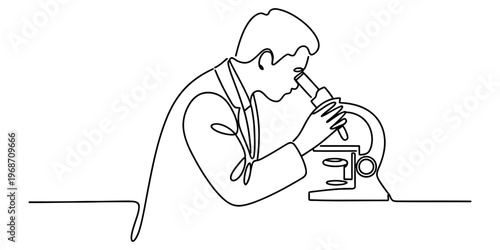Continuous single line drawing of a scientist looking through a microscope in the laboratory lab Vector, illustration