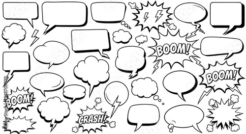 Speech bubbles comic book style with various shapes and sizes, BOOM CRASH effects featuring dialogue, text, explosion with cartoon and illustration