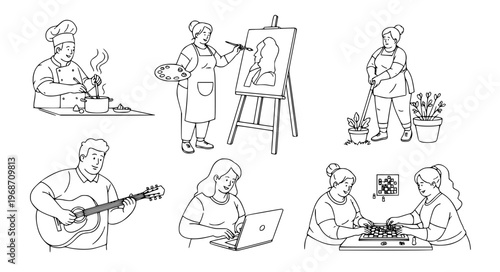 Hobbies and Crafts Vector of Overweight People Cooking, Painting, Gardening, and Playing Music