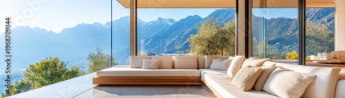 Seamless luxury Modern living room with cream L-shaped sofa, framed by floor-to-ceiling glass walls offering panoramic majestic blue mountain views. Architecture, Tranquil