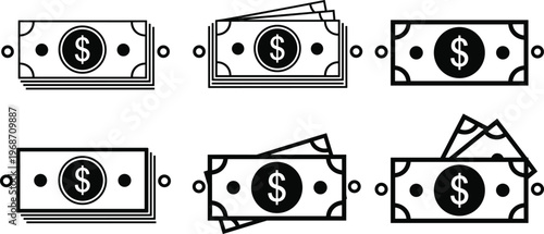 Set of black and white dollar money cash icons in different arrangements vector illustration.