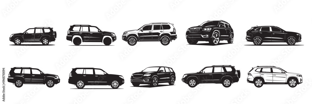 Fototapeta premium Black silhouette of a modern SUV rear quarter view on white background
