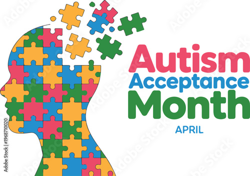 Autism Acceptance Month Vector Illustration Featuring Human Head Silhouette Filled with Colorful Puzzle Pieces Celebrating Neurodiversity in April