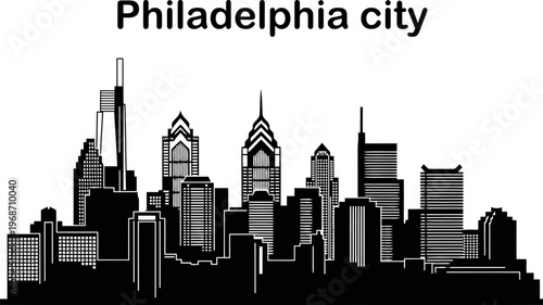 Philadelphia city skyline silhouette, recognizable skyscrapers including Liberty Place.
