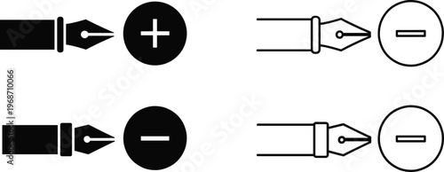 Fountain pen nib icons with plus and minus symbols for adding or deleting points vector illustration.