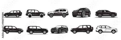 Black silhouette of a modern SUV rear quarter view on white background