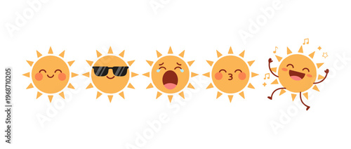 Happy Sun Character with Different Emotions and Facial Expressions Set, Cute Sunshine Mascot with Sunglasses, Crying and Dancing Vector Icons