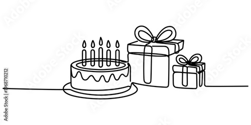 A continuous line drawing of a birthday cake with five candles next to two wrapped gift boxes Vector, illustration