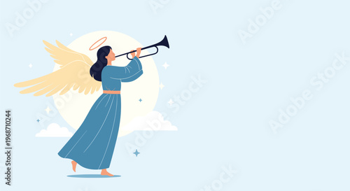 Beautiful angel with large wings and a halo playing a golden trumpet against a light blue sky with stars and clouds.