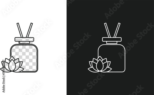 Aromatherapy diffuser bottle with lotus flower design and sticks spa massage wellness beauty vector outline.