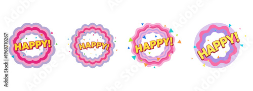 Colorful Happy Text Badges with Confetti and Wavy Borders Set, Celebration Greeting Label Stickers for Party Invitation and Event Poster Design
