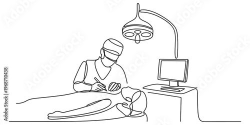 A single line drawing representing a surgeon performing a medical procedure in an operating room Vector, illustration