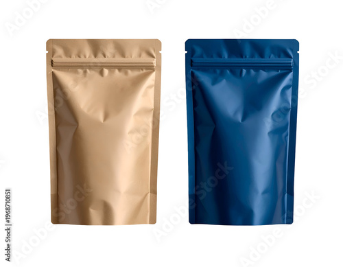 Two resealable pouches, one brown, one blue, isolated
