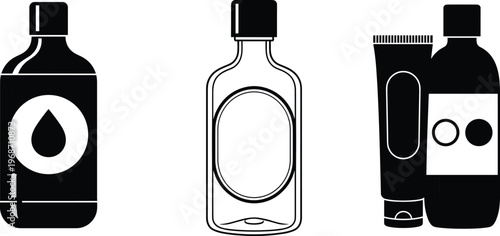Black and white vector illustration of various bottles and a tube, representing cosmetic, medical, or personal care items.