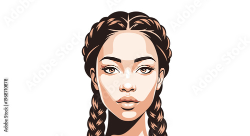 Portrait of a beautiful young woman with long dark brown hair styled in two thick braids on a white background.