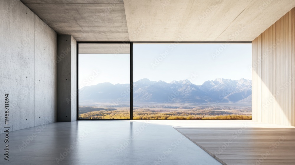 Fototapeta premium Sleek concrete and wood minimalist interior with a vast panoramic window overlooking a majestic mountain range and vibrant autumn valley. Modern nature integration. ,Architecture,