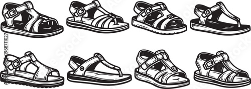 Various styles of black athletic sneakers displayed in a grid layout Vector