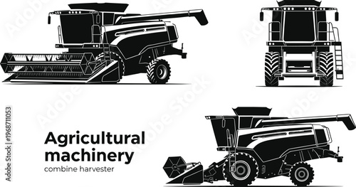 Agricultural machinery combine harvester silhouettes in flat vector style, detailed farm equipment illustrations isolated for agribusiness, harvesting, and rural industry design