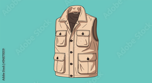 Tan utility vest with multiple pockets and brown buttons shown frontally against a light teal colored background.
